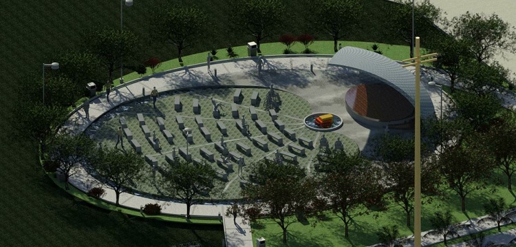 Maquete virtual mostra o projeto da concha acústica em um campo arborizado no Campus Carreiros. O formato é ovalado, remetendo à estrela branca, espécie característica na flora local.